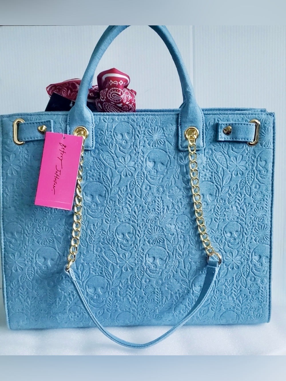 Betsey Johnson XOKiara Denim skull embossed tote plus bag charm and hair clip. - Picture 3 of 10